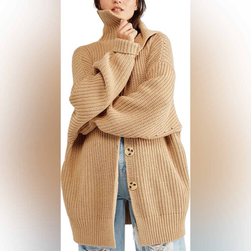 Free People Swim Too Deep Oversized Chunky Knit Cardigan | Almond | Size Medium - Picture 2 of 11